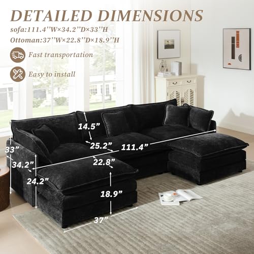 103.8" Chenille U Shaped Modular Sofa with Ottoman,Black | Randomly Assemble Modular Sofa Sets, Modern Recliner Deep Seat Sofa Set for Living Room,Office - color: Black, size: 3S+2O