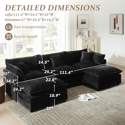 103.8" Chenille U Shaped Modular Sofa with Ottoman,Black | Randomly Assemble Modular Sofa Sets, Modern Recliner Deep Seat Sofa Set for Living Room,Office - color: Black, size: 3S+2O