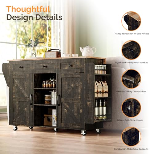VINGLI 52" W Kitchen Island with Storage and Drop Leaf, Black & Gold | Farmhouse Rolling Cart with 3 Drawers, 2 Barn Doors, Adjustable Shelves, Side Rack and Locking Wheels - color: Black & Gold