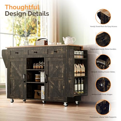 VINGLI 52" W Kitchen Island with Storage and Drop Leaf, Black & Gold | Farmhouse Rolling Cart with 3 Drawers, 2 Barn Doors, Adjustable Shelves, Side Rack and Locking Wheels - color: Black & Gold