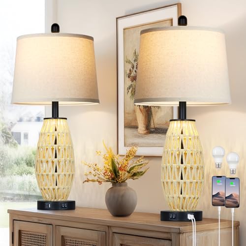 CINSARY 27“ Beige Boho Rattan Table Lamps with Night Light, Natural Bedroom Lamps Set of 2 with USB A+C Charging Ports, Rustic Farmhouse Woven Wicker Bedside Nightstand Lamp for Living Room End Tab - color: Beige and Black