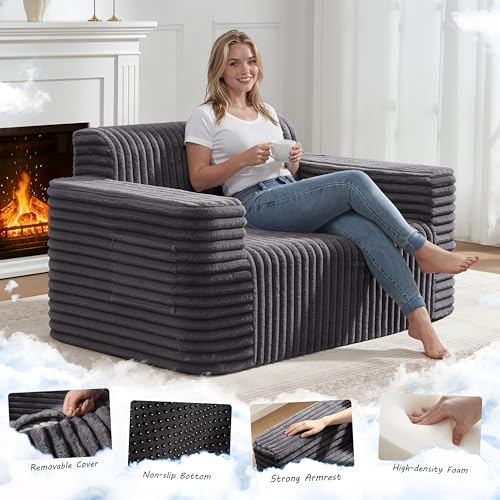 ZurNesfure Sofa Couch Loveseat Boneless Sofa with Pillow Darkgrey,Loveseat | No Assembly Need, Modern Couch with deep seat and Washable Cover Cloud Sofa for Living Room Bedroom Apartment - color: Stripe Darkgrey, size: Loveseat