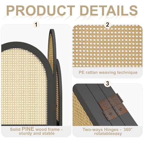 3-Panel Hand-Woven Rattan Room Divider, Tall Foldable Privacy Screen with Wooden Frame - Freestanding Portable Partition for Home Office, Bedroom, Bathroom(Black-Wave) - color: Black-wave