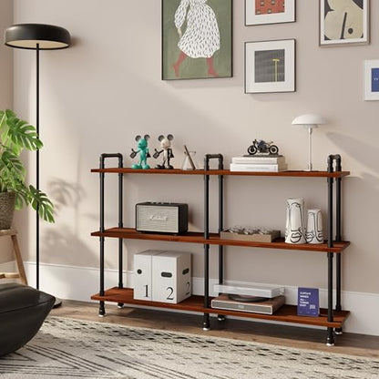 Industrial Bookshelf, Pipe Shelf Bookcase, 3 Tier, 60" Walnut | Solid pine shelves, 60 inch wide, black pipe frame, 70 lbs per shelf, open bookcase for books, plants, office - color: Walnut Brown, size: 60"L × 39"H