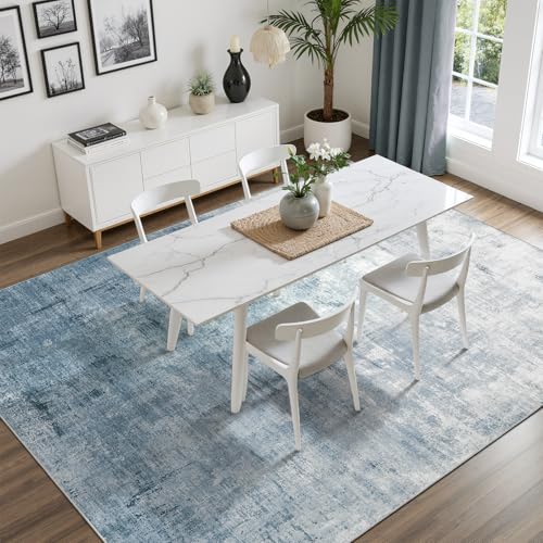 DCX Washable Abstract Area Rug 5x7, Non Slip Low Pile Rug, Blue | Easy to clean, non-shedding, soft, kid & pet friendly, with a non-slip rubber backing for living rooms, bedrooms, and offices - color: Blue, size: 5' x 7' (Rectangular)