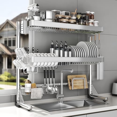 Over The Sink Dish Drainer Drying Rack 3 Tier, Full Stainless Steel Dish Drying Rack Adjustable Length 20.9''-37.4'', Kitchen Sink Shelf, Organized Space-Saving Dish Rack - color: Silver, size: 3 Tier with Flat Grid