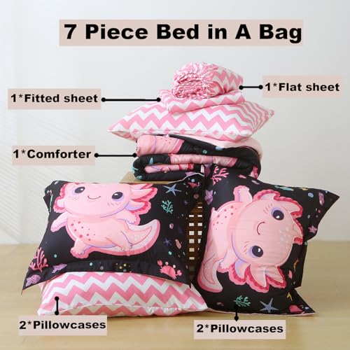 7 Piece Girls Axolotl Comforter Set for Kids Queen Size Kawaii Axolotl Bedding for Teen 3D Animals Colorful Bed Set Black - color: Black Axolotl, size: Queen