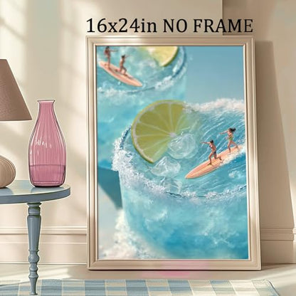 Trendy Cocktail Wall Art Cute Summer Paintings Blue Sea Picture Surfing Girl Poster Lemon Cocktail Art Ocean Wave Artwork Preppy Aesthetic Pictures Coastal Cowgirl Poster for Bedroom 16x24in Frameless - color: H1Unframed