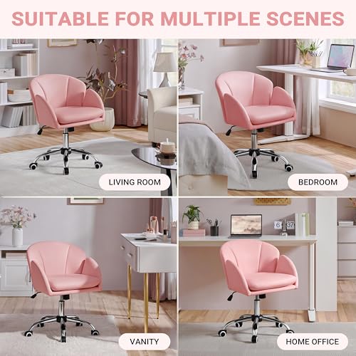 Yaheetech Simple Pink Petal Faux Leather Vanity Desk Chair, Swivel Wheels | Easy-clean faux leather cushioned seat fits makeup vanity, nail salon or office desks; adjustable height, swivel, fast setup. - color: Simple Pink