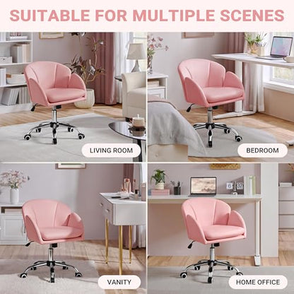 Yaheetech Simple Pink Petal Faux Leather Vanity Desk Chair, Swivel Wheels | Easy-clean faux leather cushioned seat fits makeup vanity, nail salon or office desks; adjustable height, swivel, fast setup. - color: Simple Pink