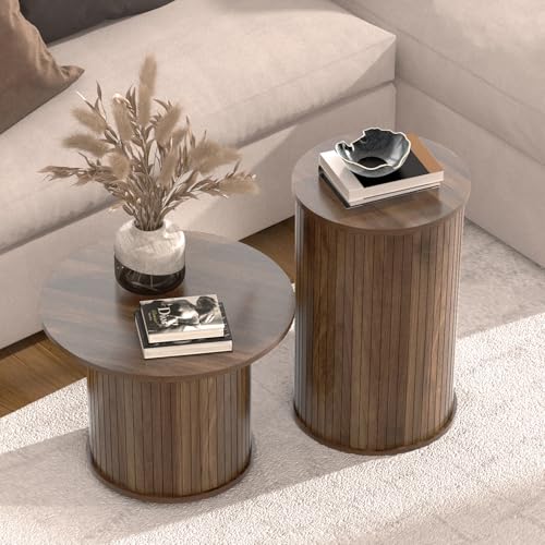 Set of 2 Round Nesting Coffee Tables for Living Room, Fluted Circle Walnut Wood Coffee and End Table Sets for Apartment, Small Spaces, Bedroom, Modern Style, Easy Assembly & Maintenance
