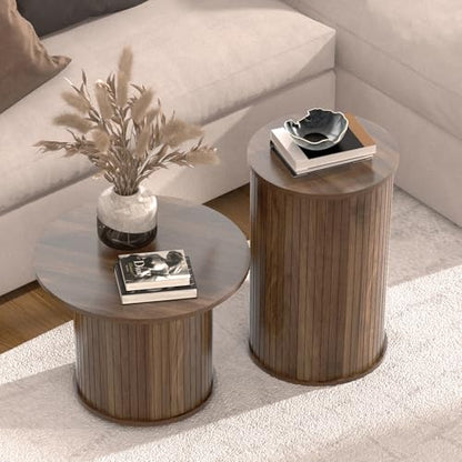 Set of 2 Round Nesting Coffee Tables for Living Room, Fluted Circle Walnut Wood Coffee and End Table Sets for Apartment, Small Spaces, Bedroom, Modern Style, Easy Assembly & Maintenance