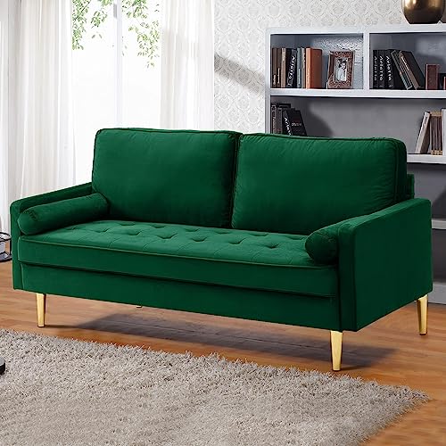 67" Modern Velvet Loveseat Sofa Couch, Mid-Century Tufted Upholstered Small Love Seat Couch with 2 Pillows & 4 Golden Legs, 2-Seats Couches for Compact Space, Living Room, Apartment (Emerald) - color: Emerald