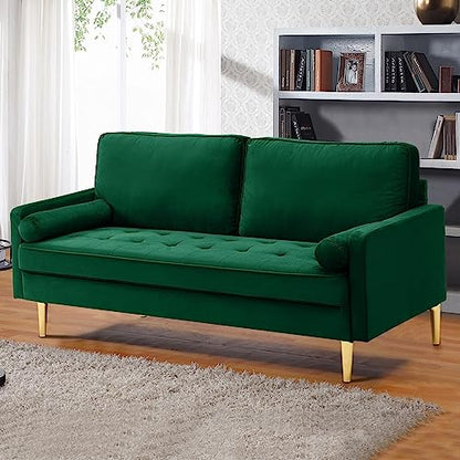 67" Modern Velvet Loveseat Sofa Couch, Mid-Century Tufted Upholstered Small Love Seat Couch with 2 Pillows & 4 Golden Legs, 2-Seats Couches for Compact Space, Living Room, Apartment (Emerald) - color: Emerald
