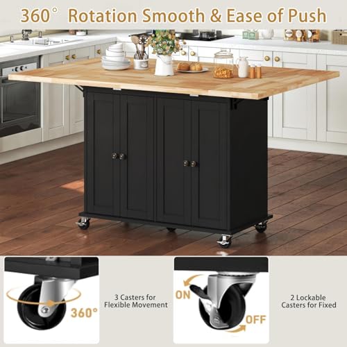 62.8 INCH Rolling Kitchen Island Cart with Double Drop Leaf, Small Mobile Kitchen Cart on Wheels, Folding Kitchen Island with Large Tbletop, Adjustable Shelves for Dining Room - color: Black