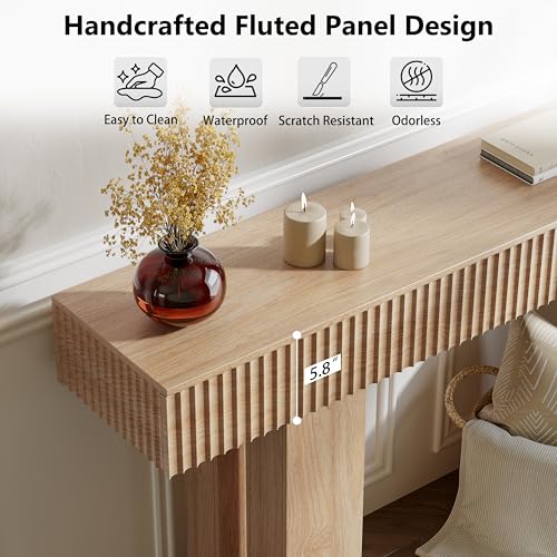 63-Inch Long Entryway Console Table with a Fluted Design, Thick Wood Farmhouse Sofa Table Behind Couch, Narrow Hallway Accent Table for Living Room, Foyer, Entrance, Natural Oak - color: Natural Oak, size: 63 Inch