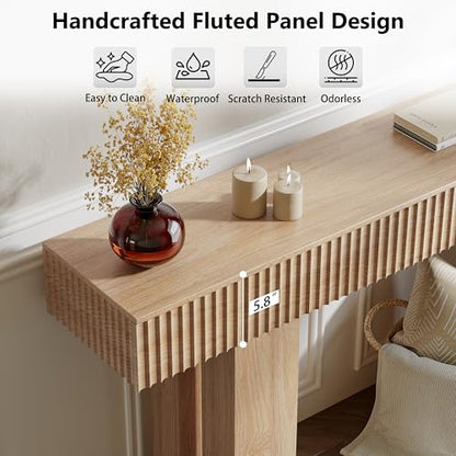 63-Inch Long Entryway Console Table with a Fluted Design, Thick Wood Farmhouse Sofa Table Behind Couch, Narrow Hallway Accent Table for Living Room, Foyer, Entrance, Natural Oak - color: Natural Oak, size: 63 Inch