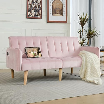 65'' Convertible Futon Sofa Bed with USB, Small Couch for Living Room | Sleeper Sofa and Loveseat, Adjustable Folding Couch with Tufted Design and 2 USB Ports, Bedroom Apartment Office, Pink - color: Pink
