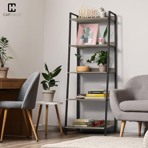 CAPHAUS 5 Tier Ladder Bookshelf, 24 Inch Width Free Standing Shelf, Bookcase Shelf Storage Rack Organizer, Industrial Book Shelves for Home Office, Living Room, Kitchen, Dark Grey, Vintage Shelves - color: Dark Grey, size: 5-Tier