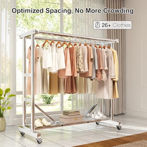 Heavy Duty Clothes Rack, Thickened Stainless Steel Frame, Silver | Thickened stainless steel frame, high load capacity, home & commercial, rust-resistant, stable without wobbling - color: Silver
