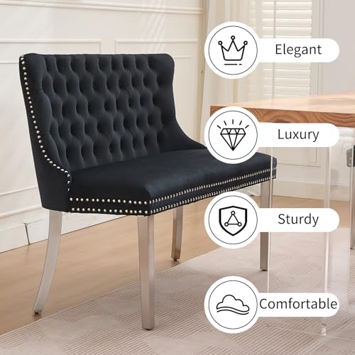 Black Velvet Dining Bench with Back, Tufted Banquette Seating, Silver Legs | Upholstered loveseat bench; tufted back; nailhead trim; 500 lb capacity; foam and spring seat; dining room or entryway - color: Black(silver Stainless Steel Legs)