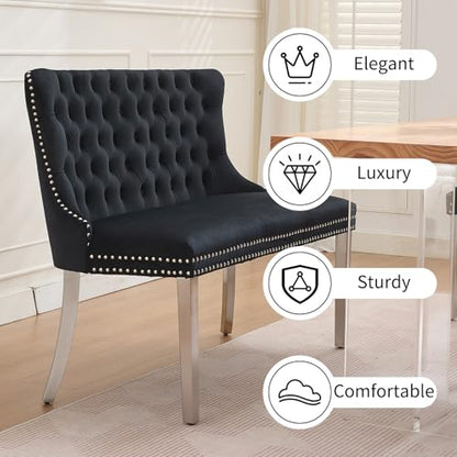 Black Velvet Dining Bench with Back, Tufted Banquette Seating, Silver Legs | Upholstered loveseat bench; tufted back; nailhead trim; 500 lb capacity; foam and spring seat; dining room or entryway - color: Black(silver Stainless Steel Legs)
