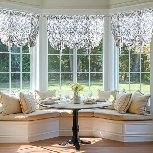 jinchan Modern Linen Kitchen Window Valance, Tie up, 42x54, 1 Panel, Blue | Light filtering, linen blend, rod pocket, farmhouse style, rustic decor, kitchen, bathroom, laundry room, RV, small windows - color: Baroque | Slate Blue on Flax, size: 42"W x 54"