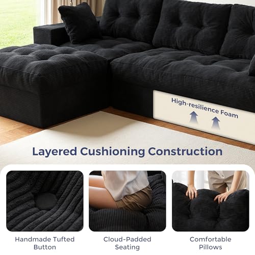 MAXYOYO Boneless Couch, 96-Inch L-Shaped Cloud Couch with Ottoman | Black Layered Cushioning and Flexible Modules Create an Upholstered Sofa in a Box with No Assembly for Spacious Living Rooms. - color: Black, size: 96" L Shape