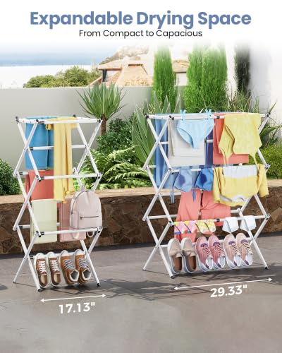 Oversize 3-Tier Clothes Drying Rack, No Install, White | Expandable Design, Non-slip feet, Tool-free Setup, Rust Prevention, Sturdy Construction, 14.9" D x 29.3" W, Holds 24lbs - color: White