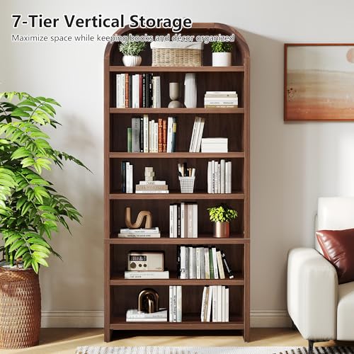 LEVNARY 70" Tall Arched Bookcase, 7-Tier Freestanding Storage Cabinet with Adjustable Shelves, Thick MDF Bookshelf for Bathroom Living Room Bedroom (Walnut) - color: Walnut
