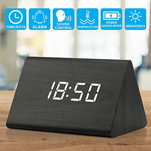 Digital Alarm Clock Wooden Alarm Clock Wood Modern Triangle Alarm Digital Desk Clock, Displays Time Date Temperature Calendar Wood Made Electric Clocks for Bedroom, Bedside - Black - color: Black