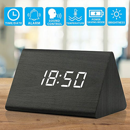 Digital Alarm Clock Wooden Alarm Clock Wood Modern Triangle Alarm Digital Desk Clock, Displays Time Date Temperature Calendar Wood Made Electric Clocks for Bedroom, Bedside - Black - color: Black