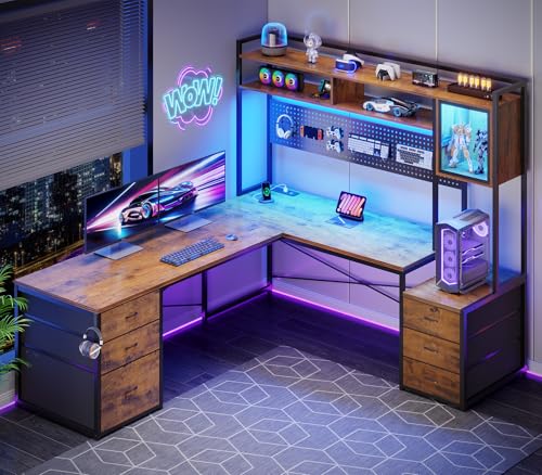 SEDETA Reversible L Shaped Gaming Desk with 6 Drawers, Hutch, Led Lights | Computer Office Desk with File Drawer, Storage Shelves, Gaming Corner Desk with Power Outlet for Two Person, Rustic Brown - color: Rustic Brown