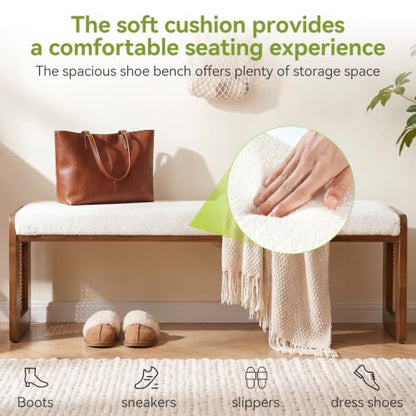 LITTLE TREE Shoe Bench with Cushion, Solid Wood Bench for Entryway、Hallway | Modern Storage Bench with Padded Seat, Narrow Rustic Space-Saving Bench with Cushioning Footpads, Elegant Wicker Design