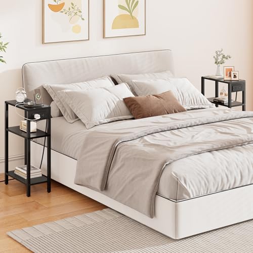 TUTOTAK Narrow Side Table, 3-Tier Small End Table with Charging Station | Skinny Sofa Table, Slim Nightstand, Easy Assembly for Living Room, Bedroom, Black TB01BK079 - color: Black, size: 3-tier
