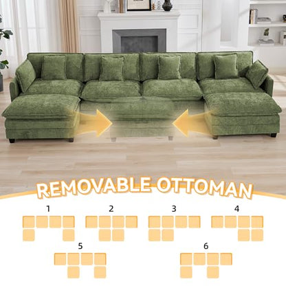 147'' Sectional Cloud Deep Seat Couch, Oversized Chenille U Shaped Sectional Sofa for Living Room Set, Comfy Upholstered Modular Sectional Sofa Couch with Movable Ottoman, Green - color: Green, size: 147'' U Shape