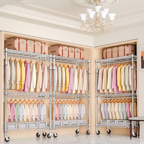 M MZG Heavy Duty Rolling Garment Rack 3 Tiers Adjustable Wire Shelving Clothes Rack with 2 Rods and Side Hooks, Storage Closet Clothing Rack with Wheels Chrome 17.7" D x 47.2" W x 83.6" H - color: Chrome, size: 3 Tiers with 2 rods, 17.7"D x 47.2"W x 83.6"