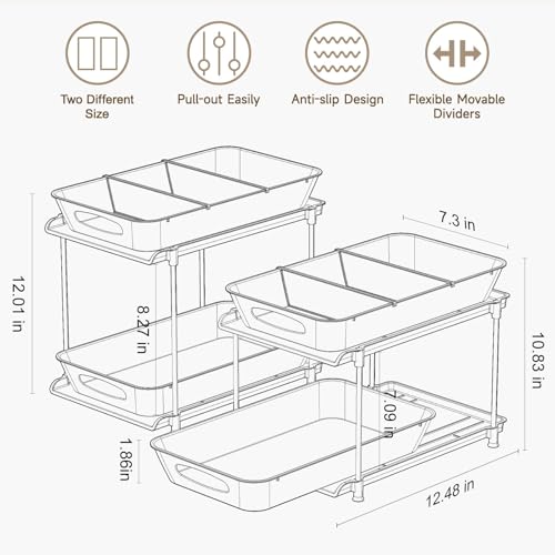 2-Pack 2-Tier Under Sink Organizer with Pull Out Drawers | Multi-use kitchen & bathroom storage. Includes hanging hooks and cups. transparent, space-saving cabinet design. 12.8 Inch - color: transparent, size: 12 Inch