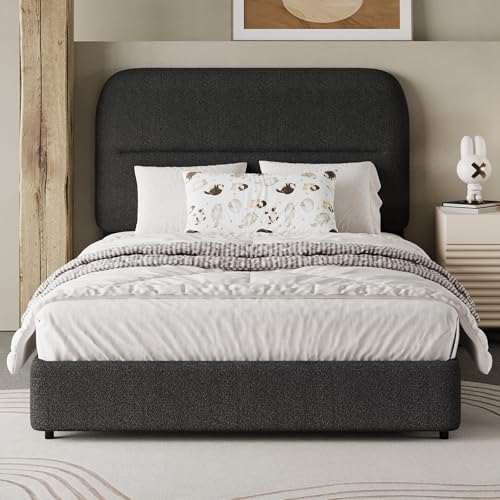 HOMBCK Twin Size Bed Frames with Headboard, Boucle Upholstered Bed Frame Twin for Kids, Soft Rounded Corners, Thickened Footboard, Wooden Slats Support, No Box Spring Needed, Easy Assembly, Black - color: Black, size: Twin