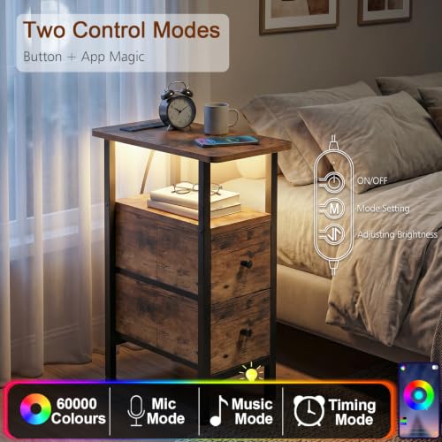 Narrow End Table with Charging Station, Small Nightstand | Skinny Side Tables Living Room with 2 Fabric Drawers, Slim Bedside Table with LED Lights for Bedroom, Small Spaces, Brown - color: Rustic Brown, size: 23.22''H (2 Drawers), style: Power + Light