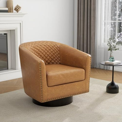 Faux Leather Swivel Accent Chair, Modern Barrel Club Armchair, Coffee | Comfy Living Room Chair, Modern Nailhead Trim Round Armchair Bedroom Reading Seat with Removable Cushion, Wood Frame - color: Retro Coffee