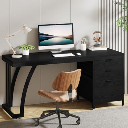Tribesigns Computer Desk with 3 Drawers, 59-Inch PC Desk with Reversible Drawers, Industrial Study Writing Table Workstation with File Storage for Home Office (Black) - color: Black