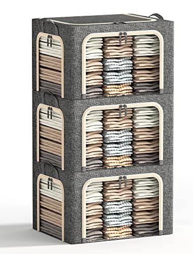 3 Openings Large Clothes Storage Bins with Metal Frame, Foldable Storage Bin for Clothes, Clothing Storage Bins with Lid, Linen Storage Box With Clear Window＆ Zippers＆ Handles.(3 Pcs,Dark Grey,66L) - color: Dark Grey, size: Large-(19.7 x 15.7 x 13)inches