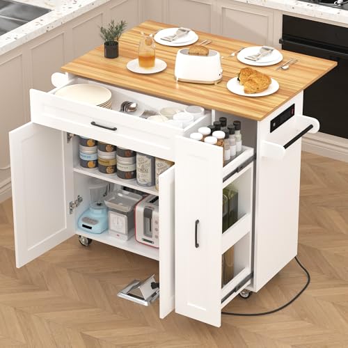 Kitchen Island with Storage, Island Table for Kitchen with Drop Leaf Countertop, Kitchen Cart with Wheels, Storage Rack, a Drawer, Spicy Rack and Towel Bar, Sufficient Countertop Space, White