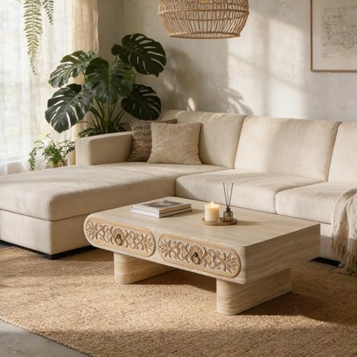 39.4" Rounded Edge Coffee Table with Flower Pattern Solid Wood Drawer for Living Room, Rectangular MDF Wooden Center Table Tea Table for Apartment, Beige - color: 39.4" Rounded Edge Coffee Table With Flower Pattern,beige