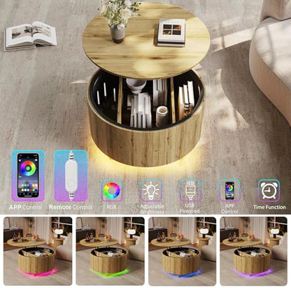 kepptory Round Lift Top Coffee Table with LED Lights, Mid Century Modern Wooden Coffee Tables with 3 Storage Space, Circle Center Table for Living Rooms,Dining Room,Bedroom Home Office,APP LED Lights - color: Natual