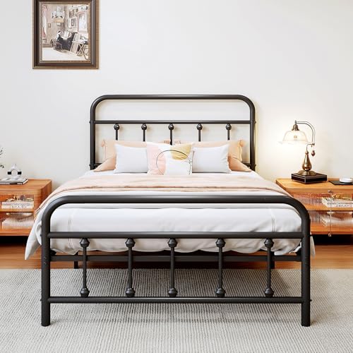 Vengarus Twin Metal Bed Frame with Victorian Headboard & Footboard, Black | 14" Twin Metal Platform Frame, Heavy Duty Steel Slat Support, Noise Free, No Box Spring Needed, Easy Disassembly & Transport - size: Twin