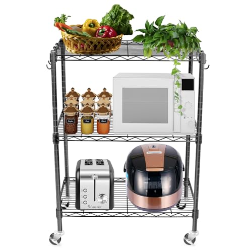 3-Tier Storage Shelves, Heavy Duty Metal Shelves Wire Rack Shelving Unit, Adjustable Shelf with Wheels for Home Office Garage Kitchen Bathroom,23.4" Wx13.6 Dx32.5 H - size: 3Tier 23.4"W x 13.6"D x 32.5"H