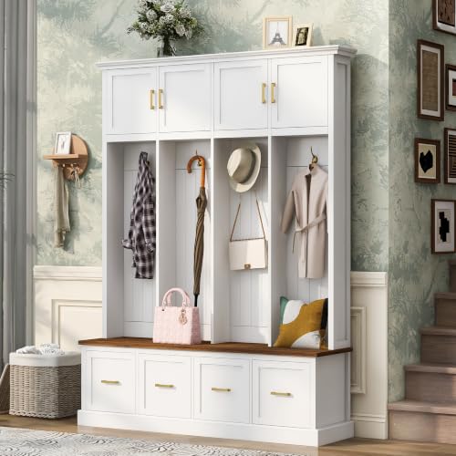 Farmhouse Hall Tree with Storage Cabinet & Shoe Bench, Retro White | 78.5’’ Tall Entryway Organizer with 4 Door, 4 Drawers & 4 Coat Hooks for Hallway Living Room Mudroom - color: Retro White, size: 59.05''W x 15.74''D x 78.54''H