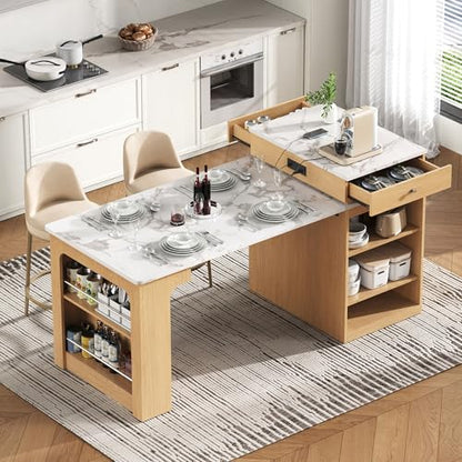 59.5" Kitchen Island with Extendable Dining Table, Kitchen Storage Table with Double-Sided Storage & Drawers, Power Outlet, Side Open Shelves, for Dining Room (Natural3) - color: Natural3
